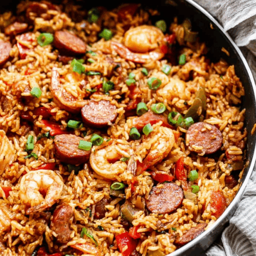 Hearty one-pot meal served hot in a rustic cast iron pan.