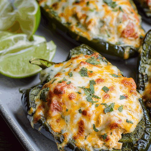 Close-up of roasted green peppers filled with a savory, cheesy mixture.