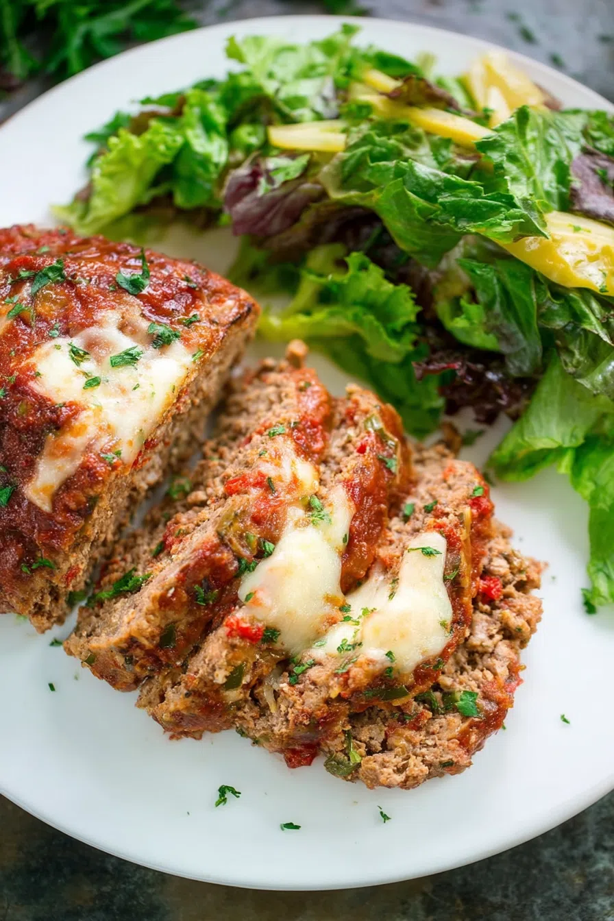 Close-up of a juicy interior revealing layers of seasoned meat and gooey cheese.