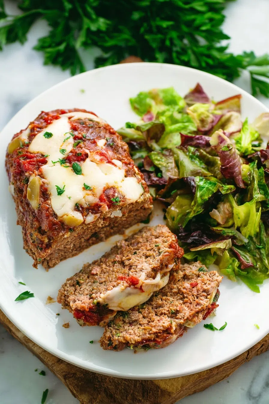 Close-up of a hearty baked dish served with roasted vegetables on a white plate.