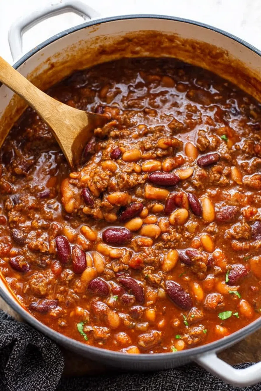 Serving spoon lifting a portion of the warm, savory mixture from a baking dish.