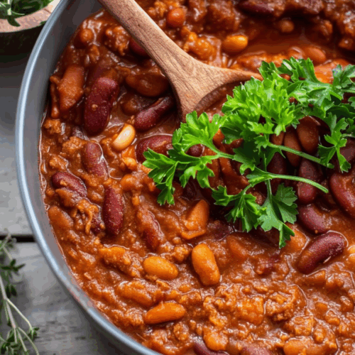 Plated portion of a meaty, bean-filled dish garnished with fresh herbs.
