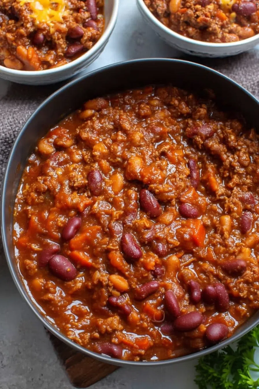 Baked casserole dish filled with a rich, saucy mixture topped with melted cheese.
