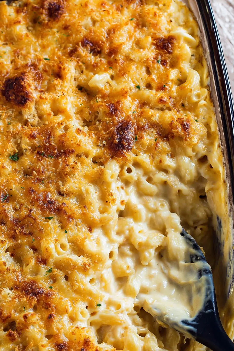 Close-up of gooey noodles coated in creamy cheese sauce.