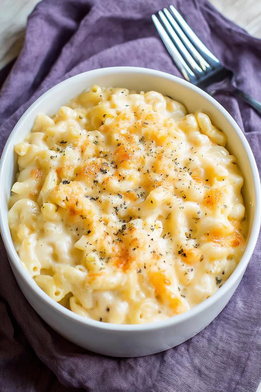 Serving of baked pasta on a plate with garnish and melted cheese.