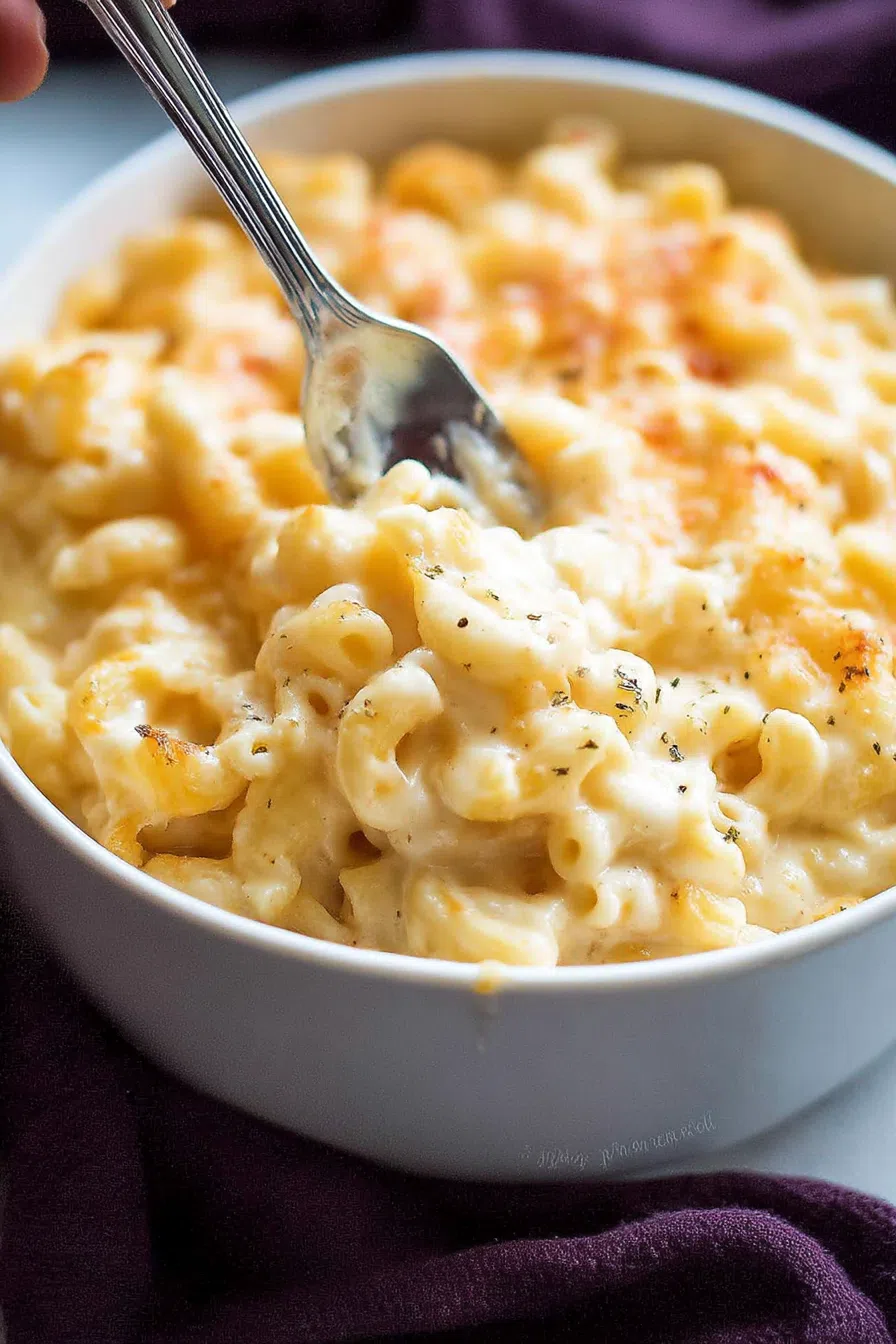 Fork lifting a cheesy portion from a bubbling oven-baked dish.