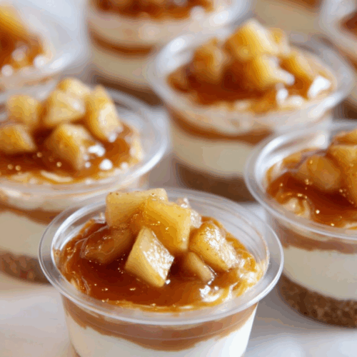 Mini dessert cups topped with chopped nuts and a drizzle of caramel.