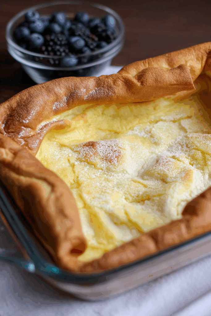 Baked skillet dish fresh from the oven with crisp, raised edges.