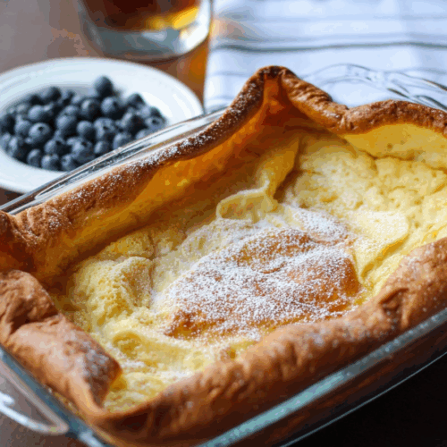 Rustic cast iron pan with a lightly browned breakfast treat, ready to slice.