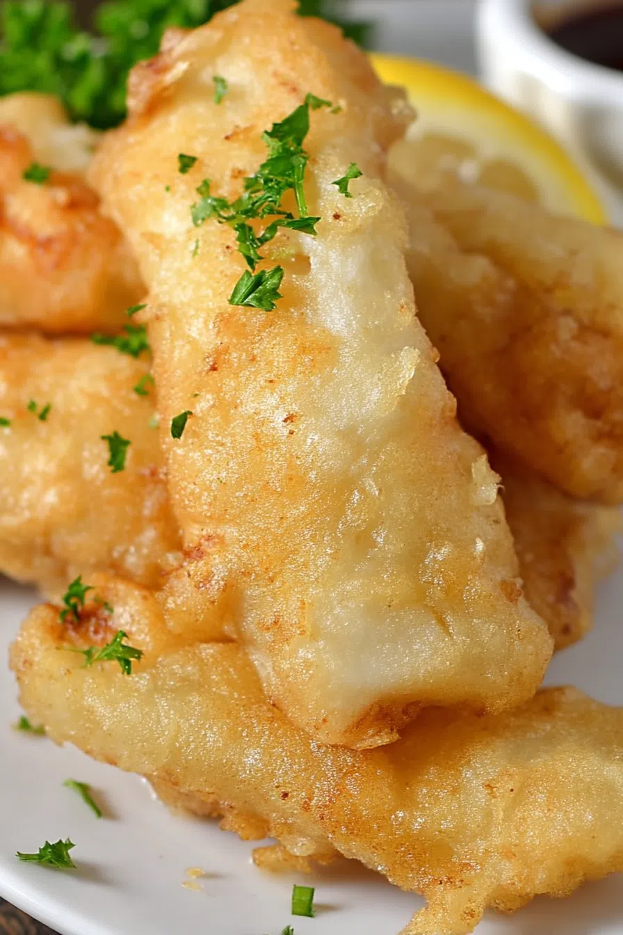 Close-up of crunchy, deep-fried coating on seafood pieces.