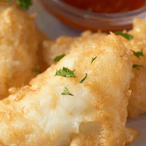 Plated fish with a side of dipping sauce.