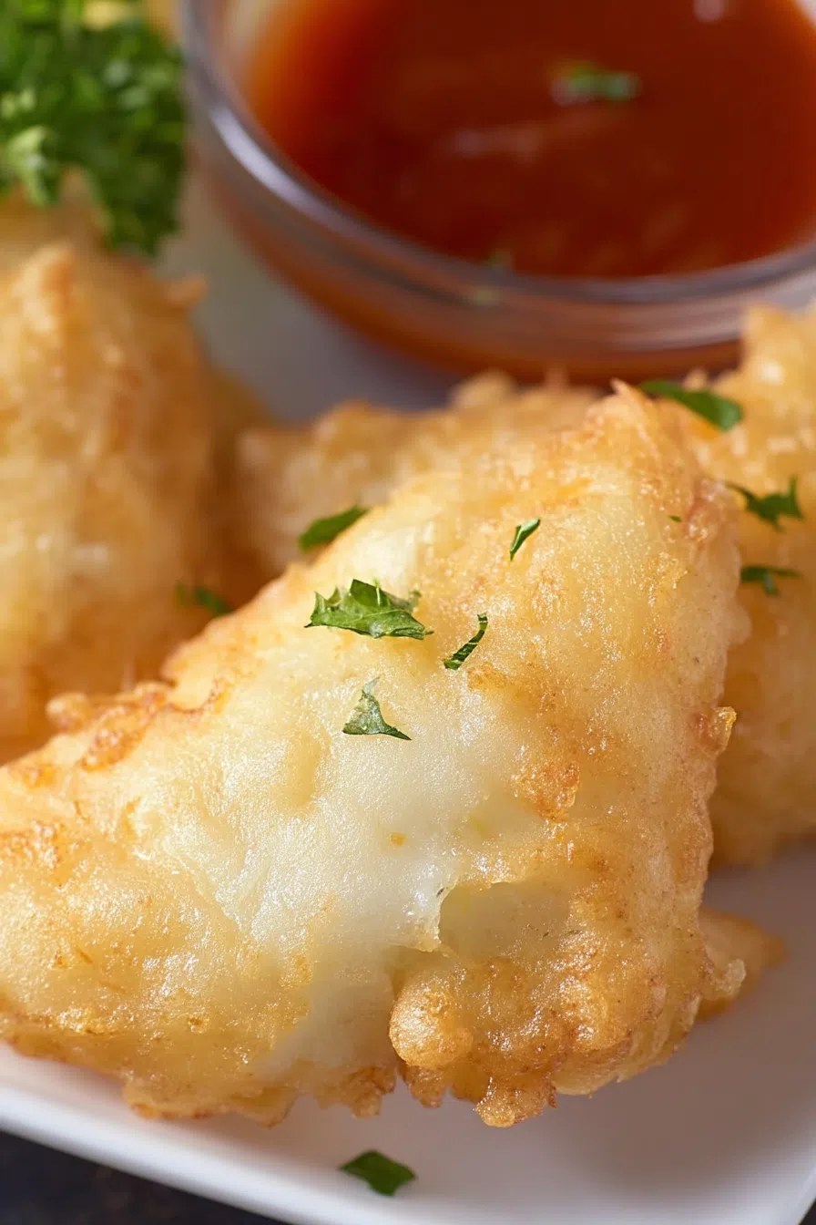 Plated fish with a side of dipping sauce.