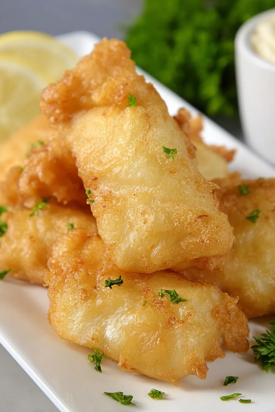 Golden-fried fish fillets arranged on a serving tray with lemon wedges.