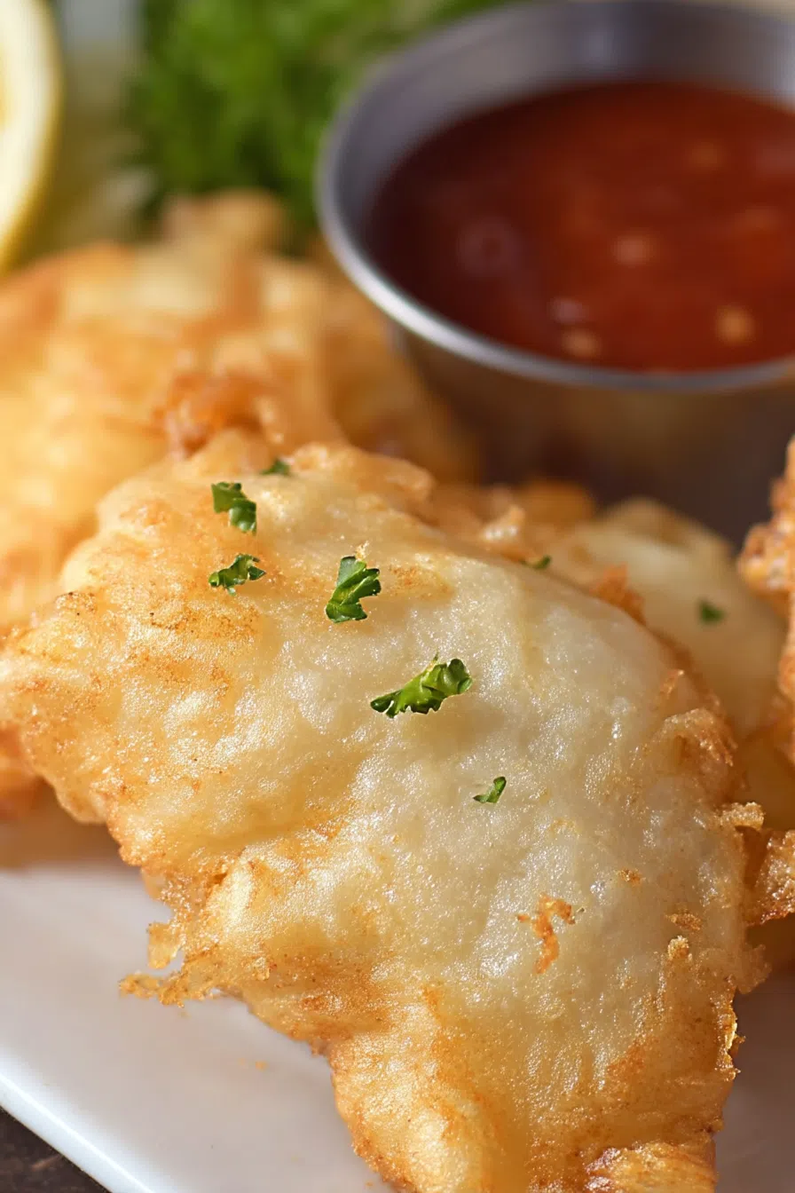 Overhead shot of a meal featuring fried fish with a side of dipping sauce.