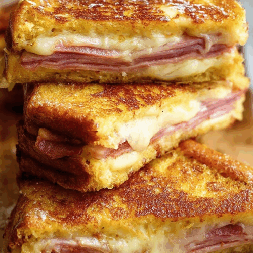 Cross-section showing pockets of jam and cheese oozing from inside the pressed bread.