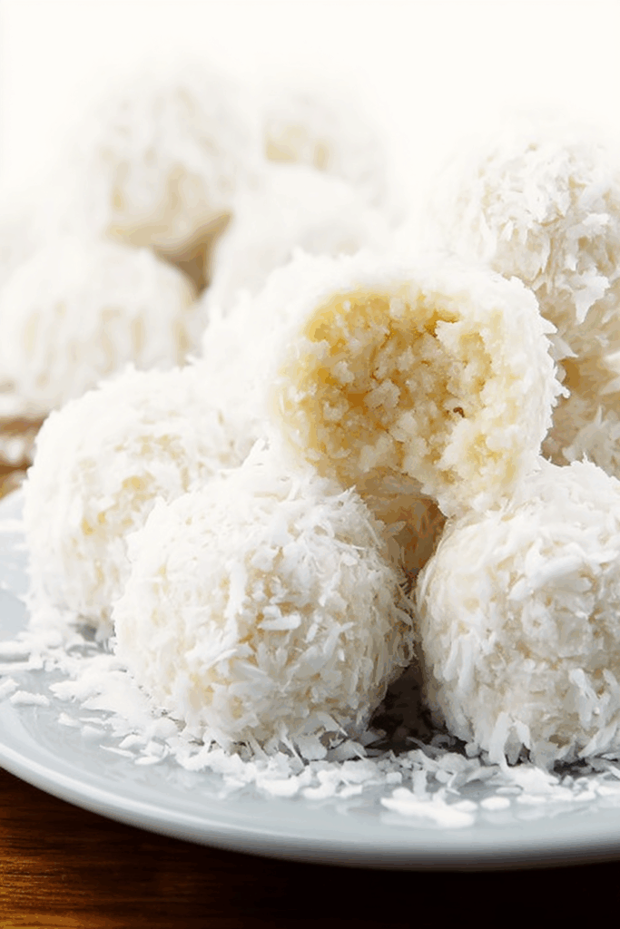 Close-up of bite-sized treats with a soft, textured exterior and powdered finish.