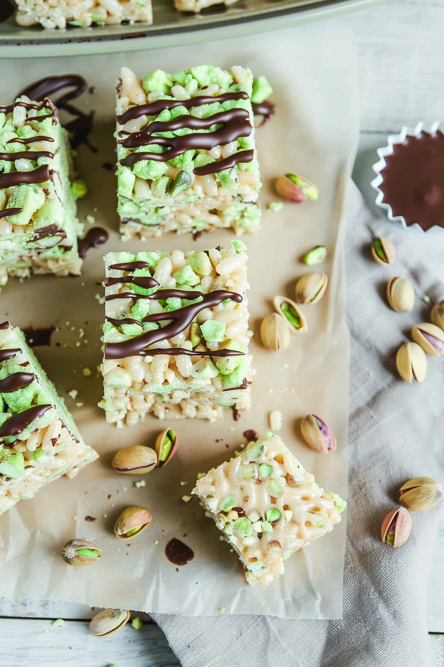 Pistachio Rice Krispie Treats with Dark Chocolate