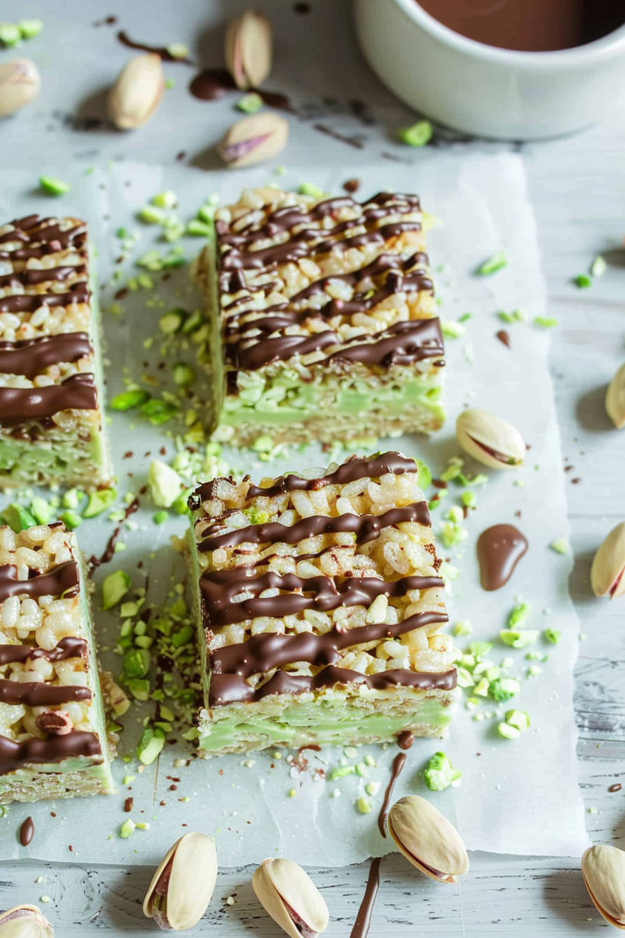 Pistachio Rice Krispie Treats with Dark Chocolate