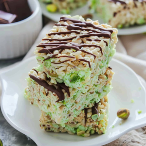 Pistachio Rice Krispie Treats with Dark Chocolate