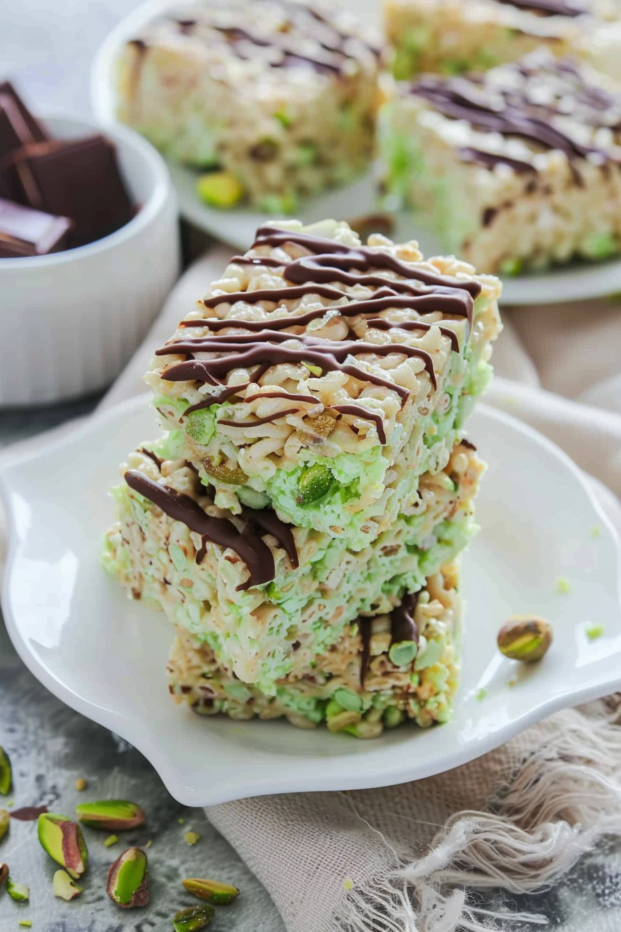 Pistachio Rice Krispie Treats with Dark Chocolate