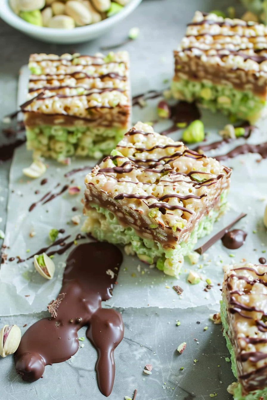 Pistachio Rice Krispie Treats with Dark Chocolate