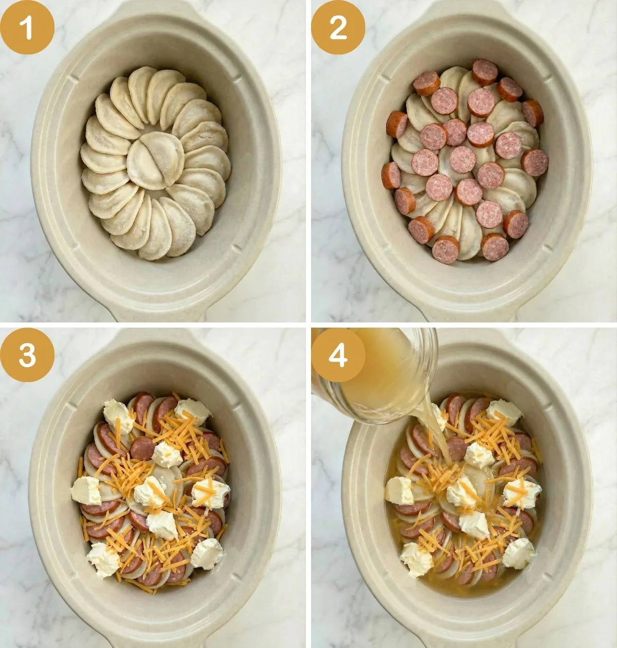 Step-by-step collage showing pierogies layered in a slow cooker, topped with sliced kielbasa, cream cheese, shredded cheddar, and broth being poured in