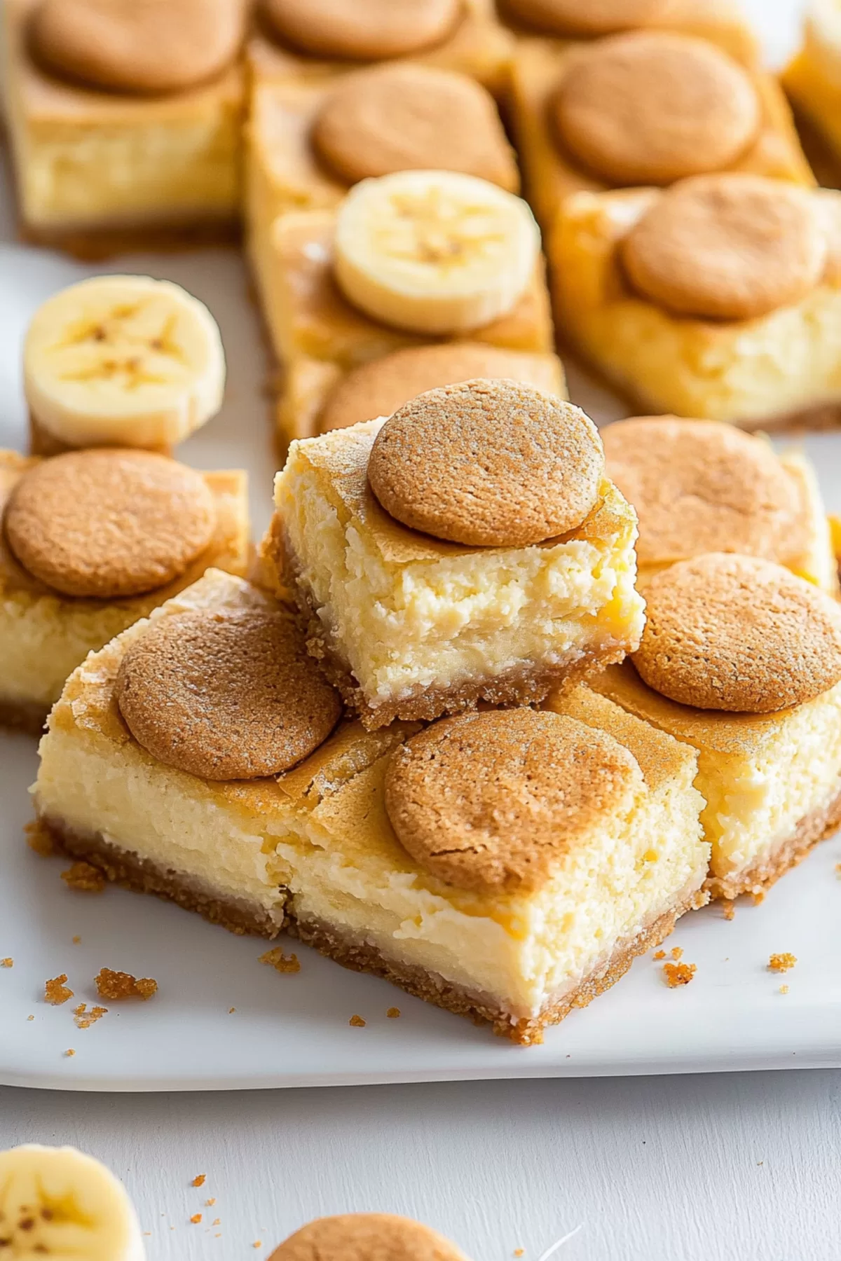 Close-up of a creamy, layered dessert bar with banana and vanilla flavors.