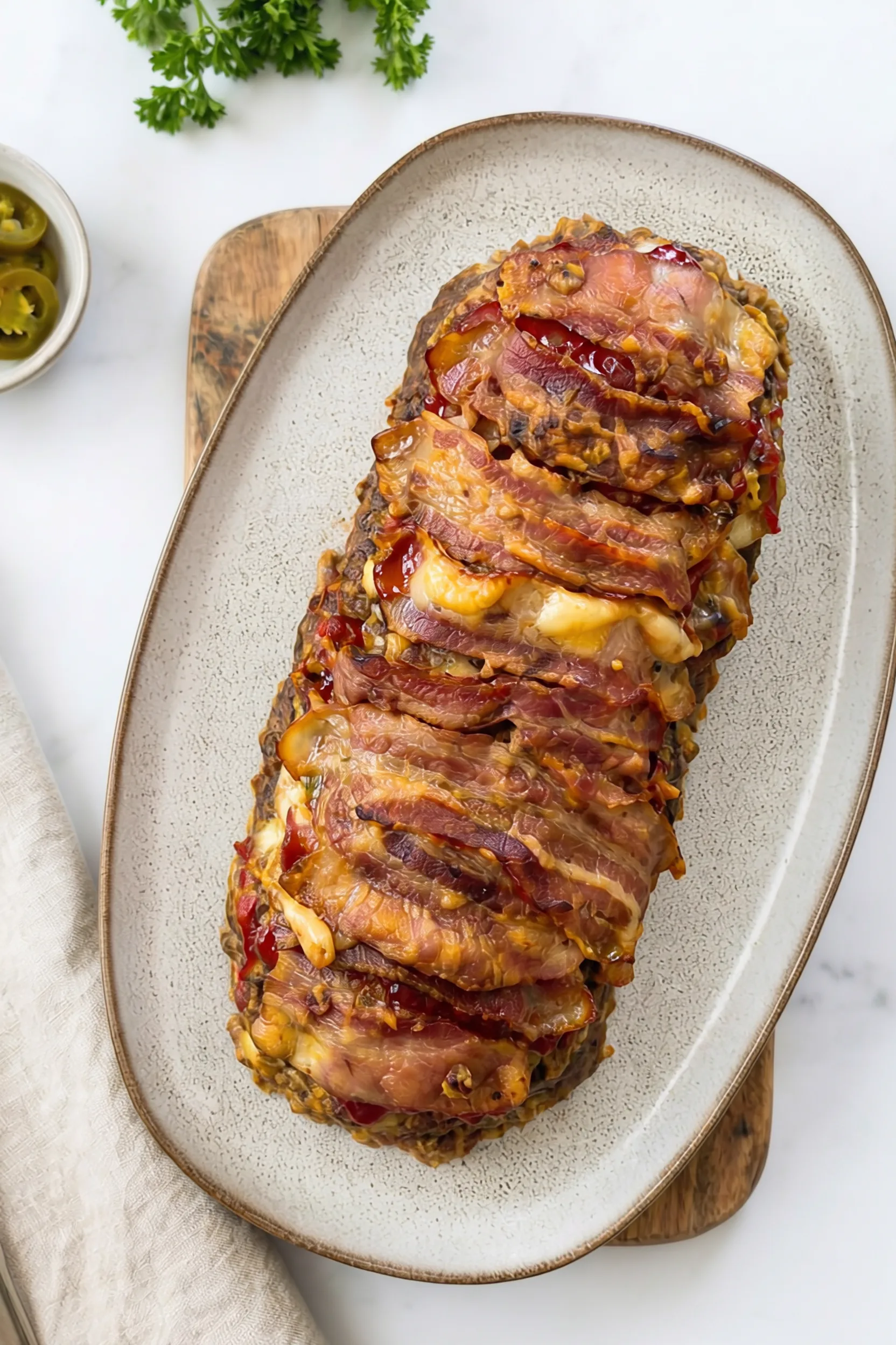 Bacon wrapped Cheesy Jalapeno Popper Meatloaf served on an oval plate with melted cheese inside