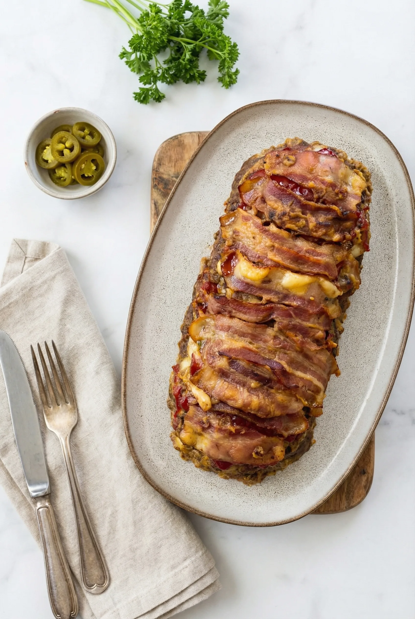 Bacon topped meatloaf on a serving plate with parsley garnish and sliced jalapenos nearby