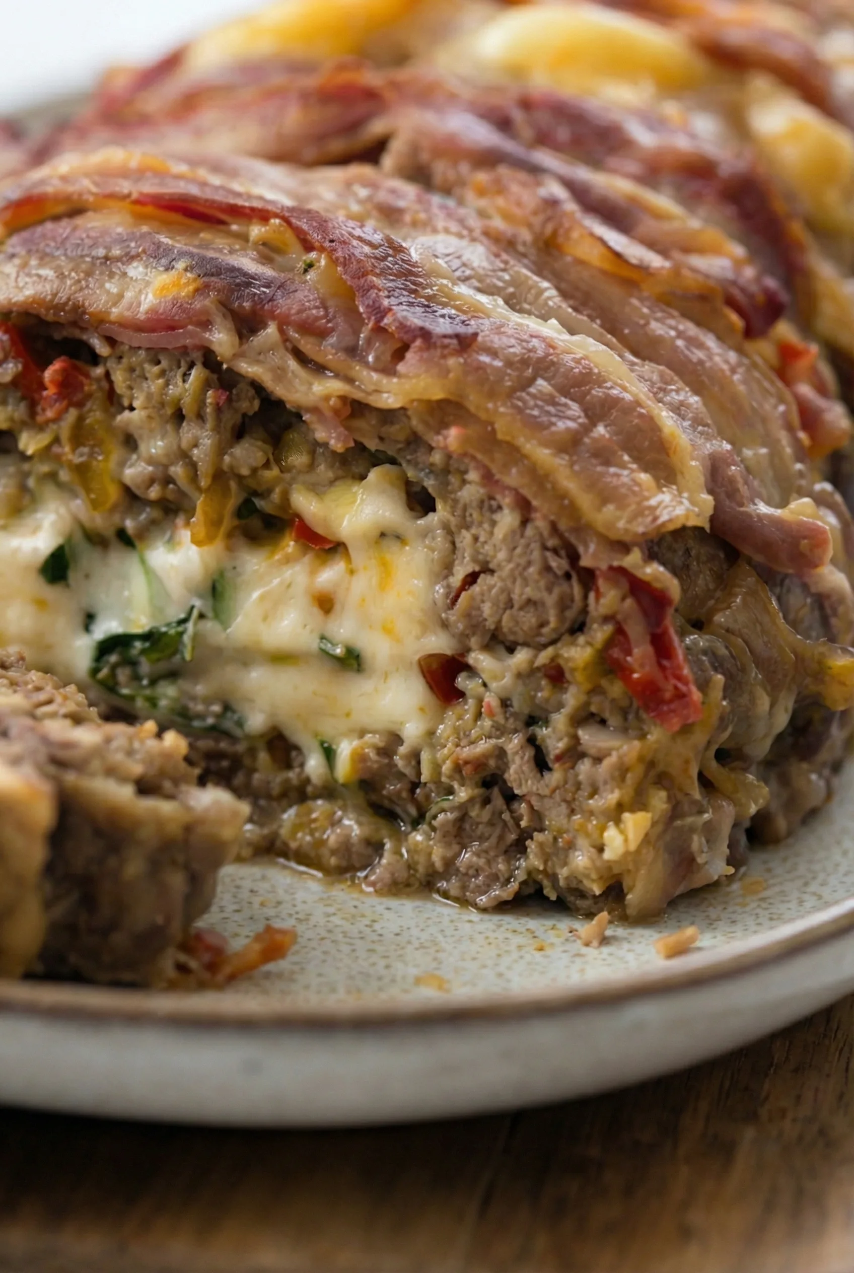 Close-up of juicy meatloaf stuffed with melted cheese and diced jalapenos
