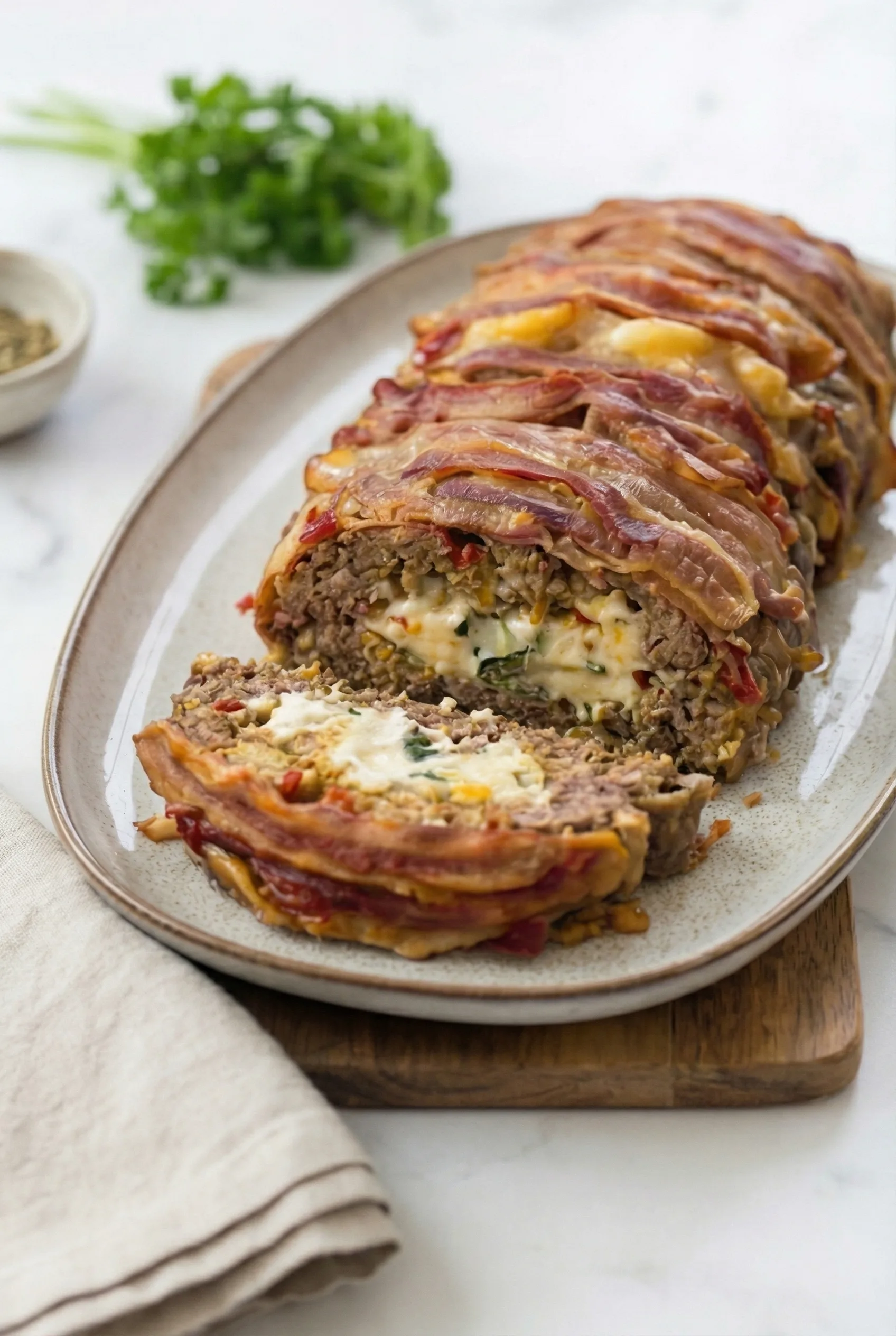 Slice of Cheesy Jalapeno Popper Meatloaf showing creamy cheese center and bacon topping
