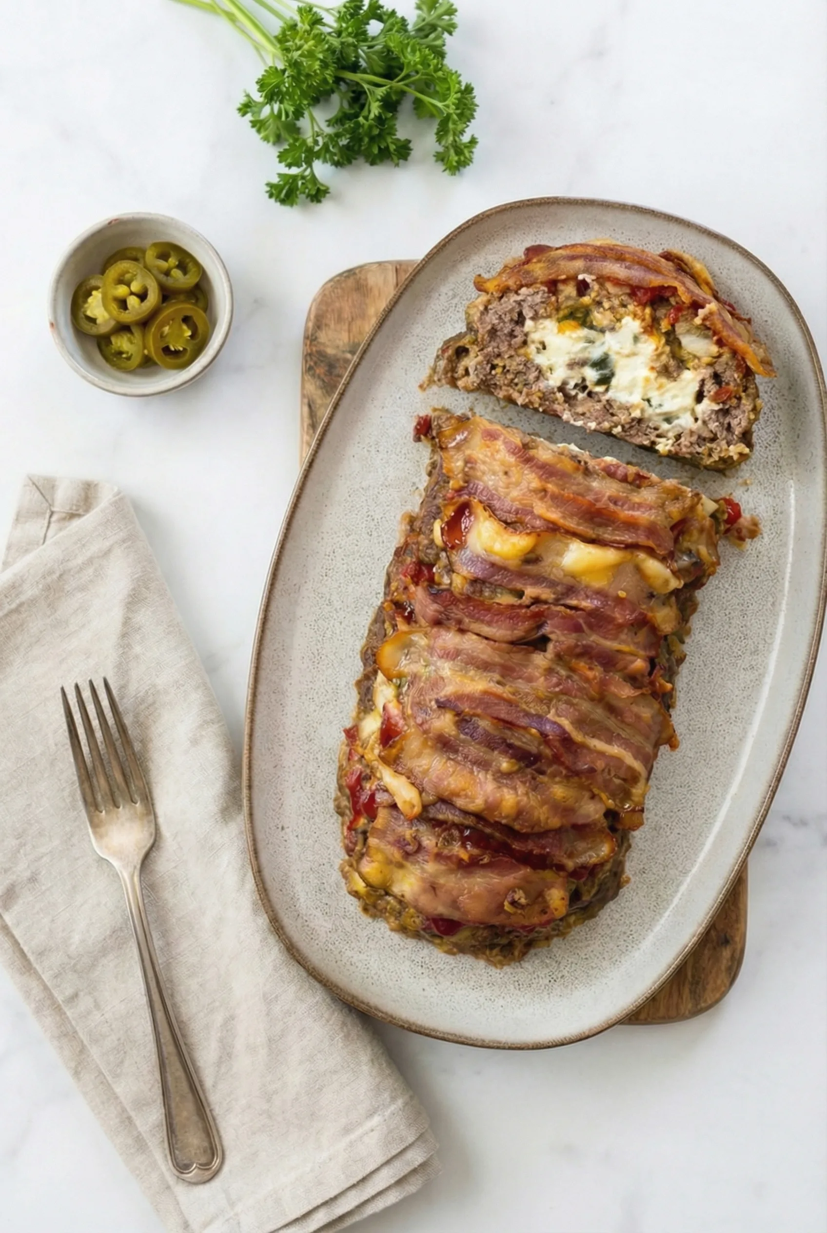 Stuffed meatloaf slice with melted cheese, peppers, and crispy bacon topping