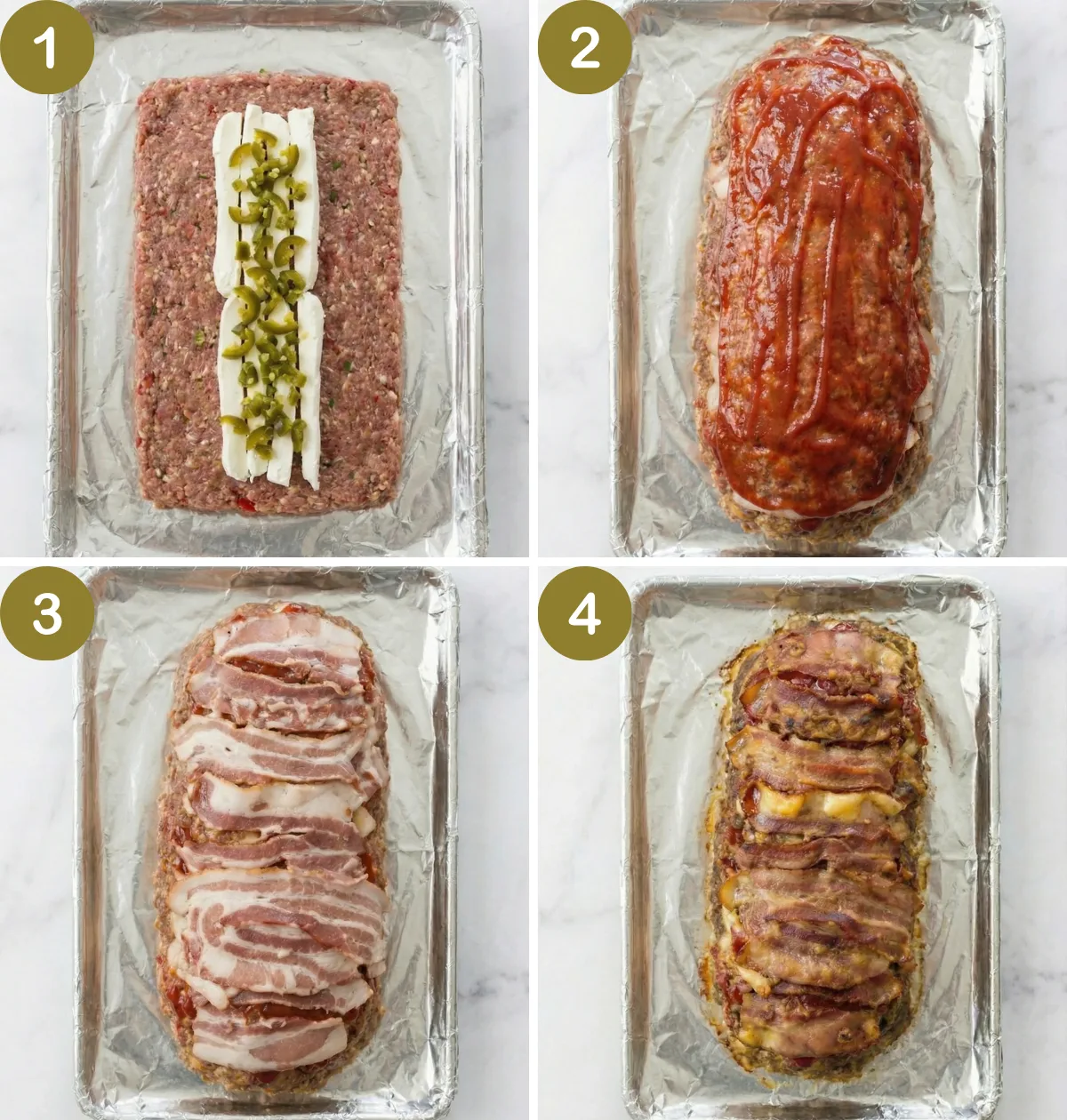 Step-by-step process of assembling Cheesy Jalapeno Popper Meatloaf with cheese filling and bacon wrapped on top