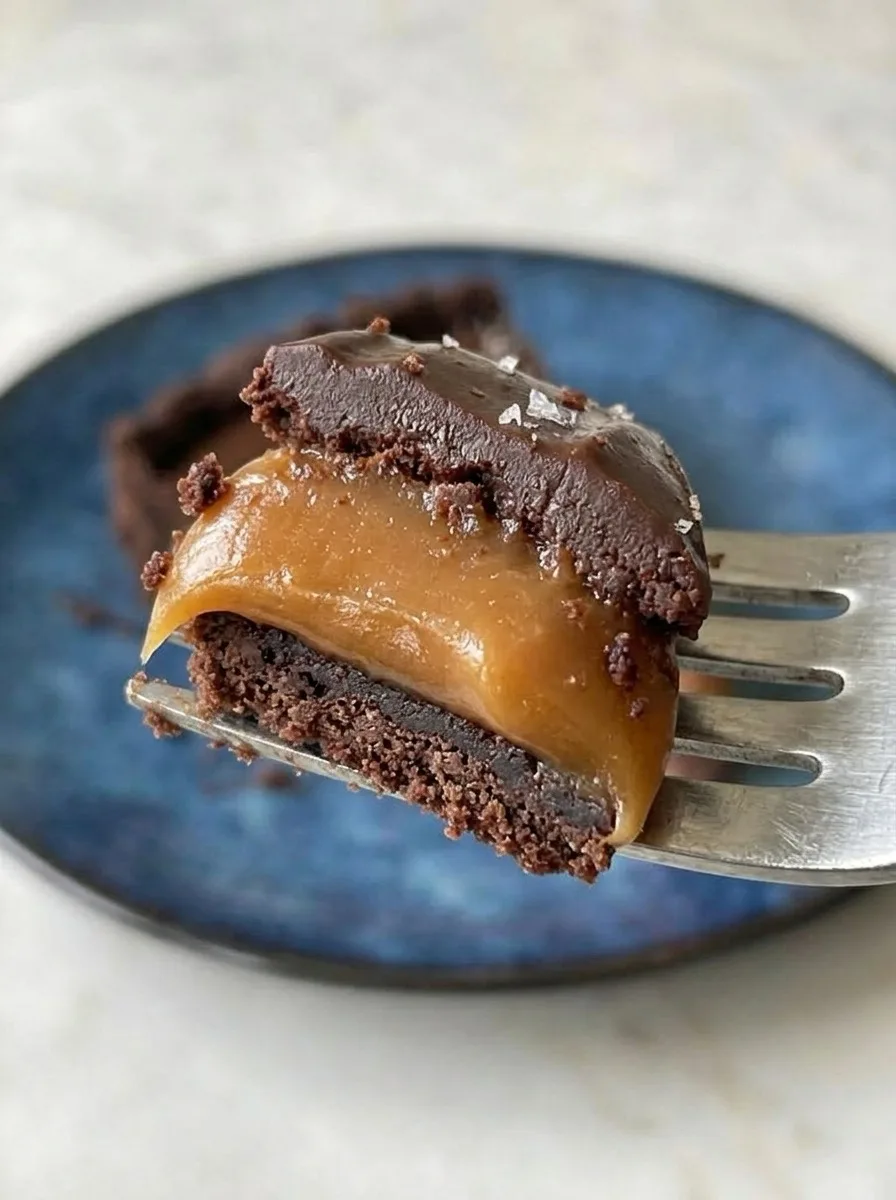 Bite of chocolate tart on fork showing caramel filling and chocolate crust layers