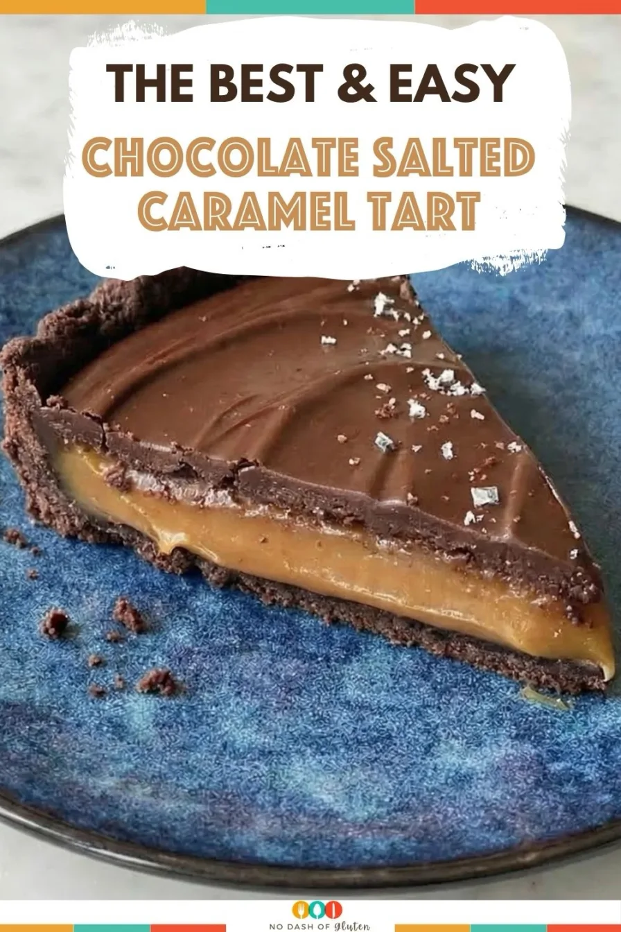 Slice of chocolate caramel tart on blue plate with text overlay