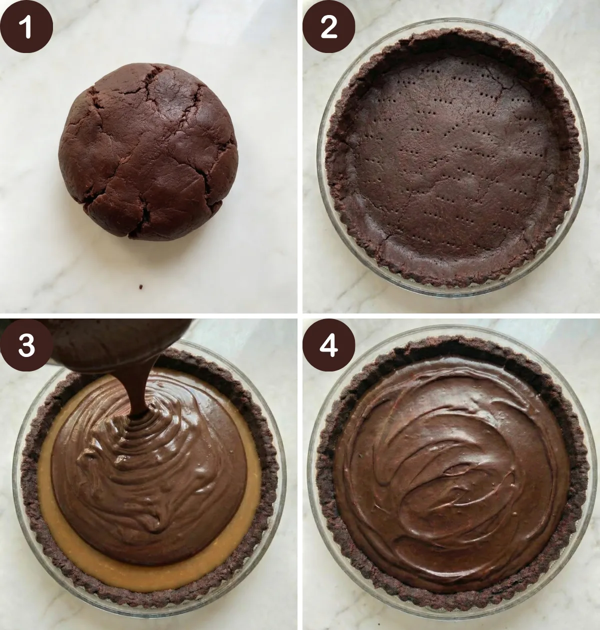 Step-by-step process of making Chocolate Salted Caramel Tart with chocolate crust and smooth ganache layer