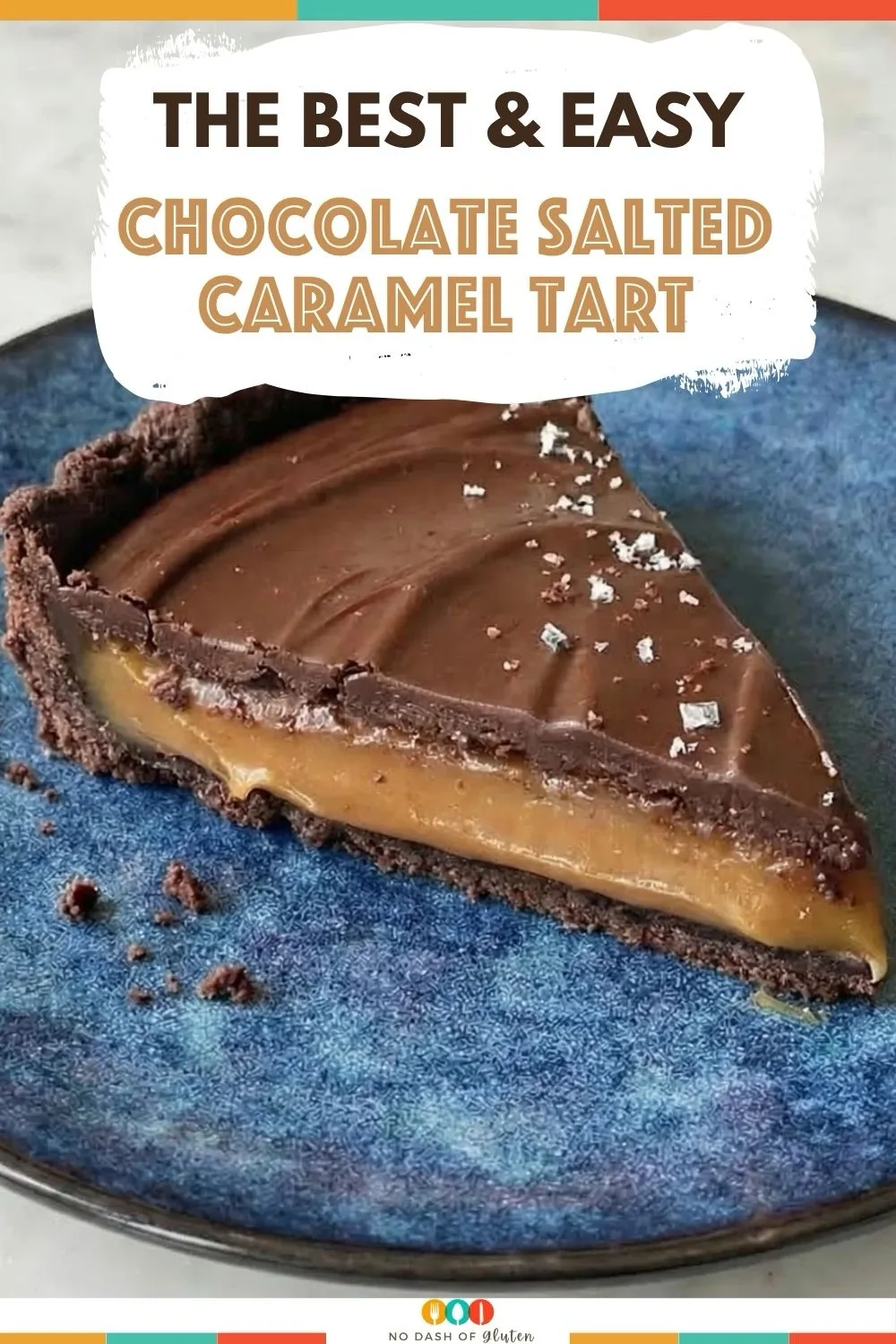 Slice of chocolate caramel tart on blue plate with text overlay