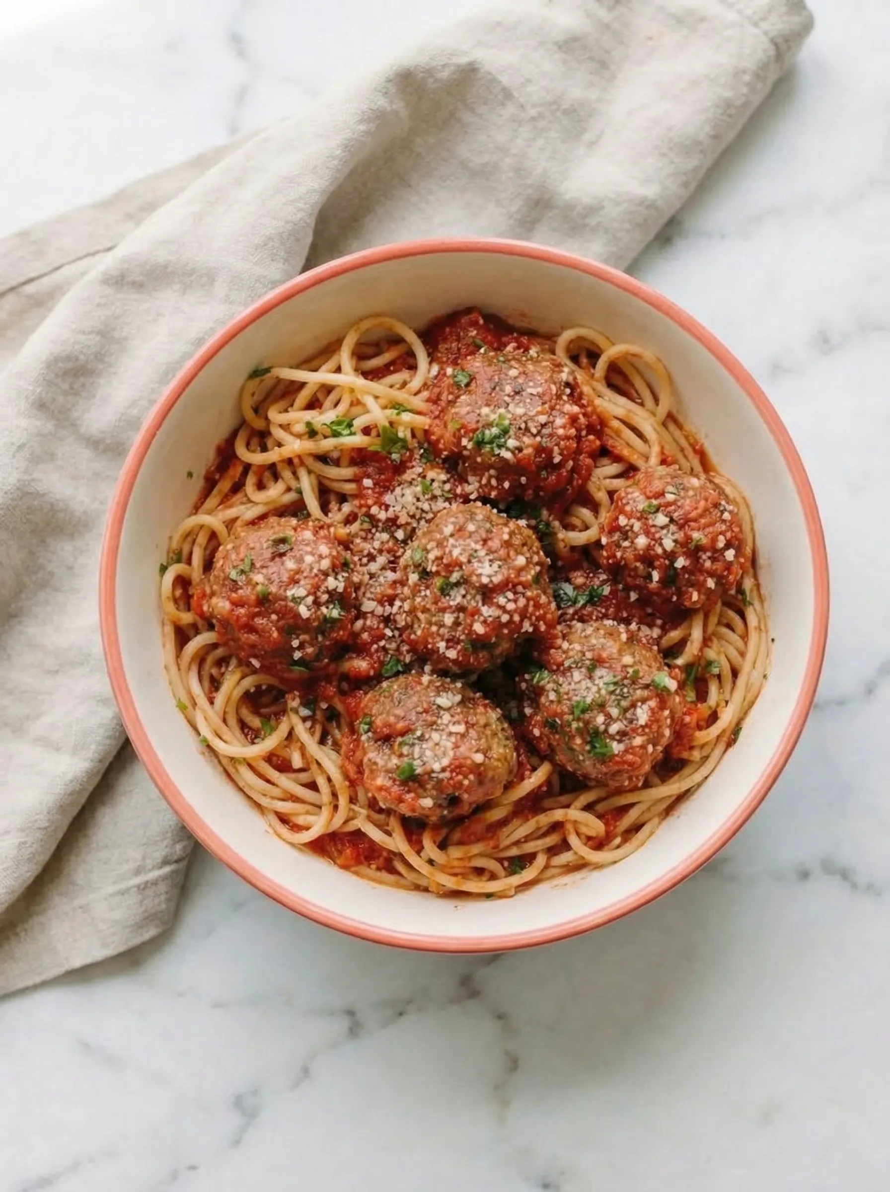 Classic Italian Meatballs served over spaghetti with tomato sauce and grated parmesan