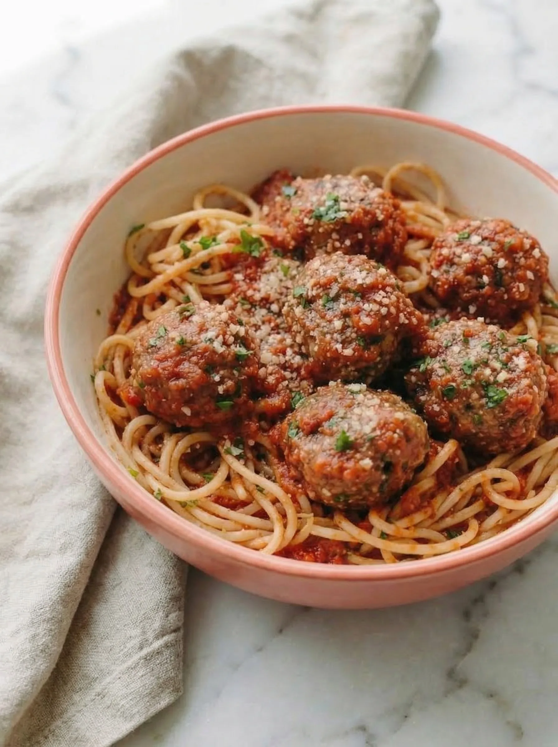 Plate of spaghetti topped with homemade meatballs and rich tomato sauce