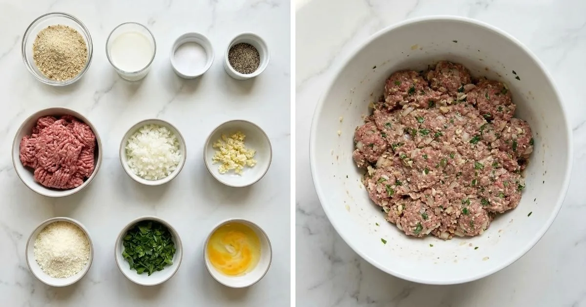Ingredients for Classic Italian Meatballs including ground beef, breadcrumbs, egg, onion, garlic, parsley, parmesan cheese, milk, salt, and pepper