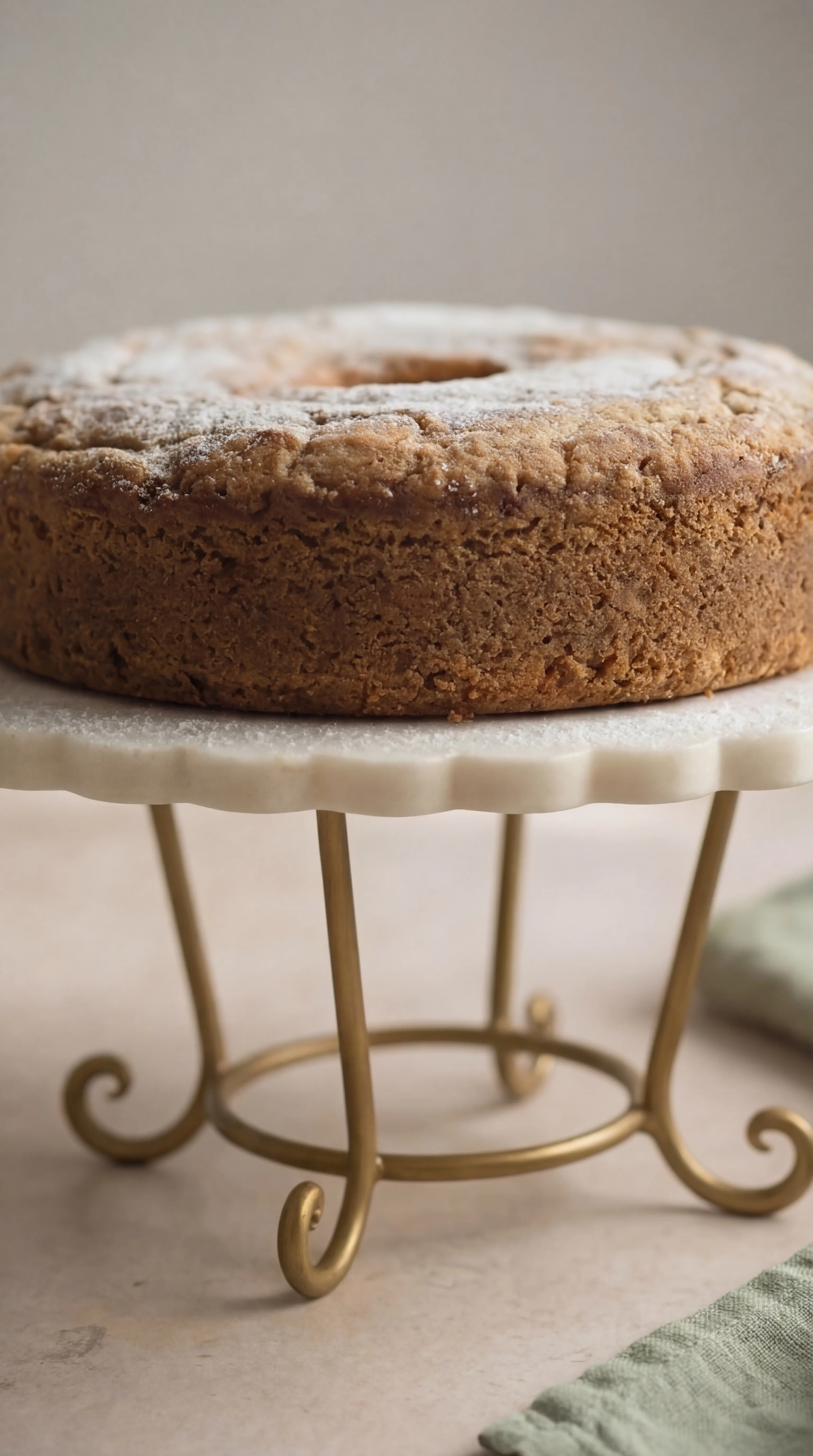 homemade coconut pound cake showing golden crust and soft dense crumb on cake stand