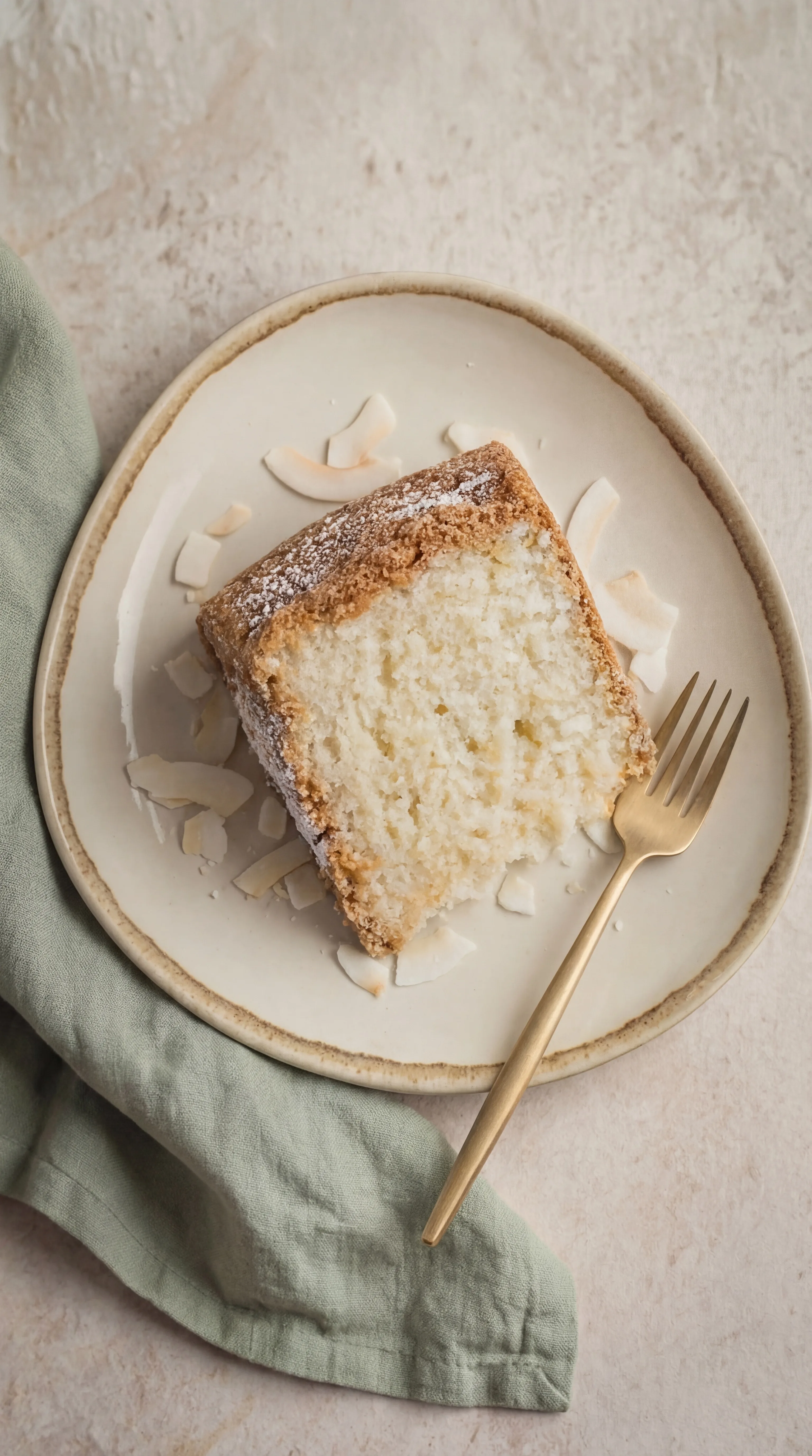 slice of coconut cream cheese pound cake served on plate with shredded coconut pieces