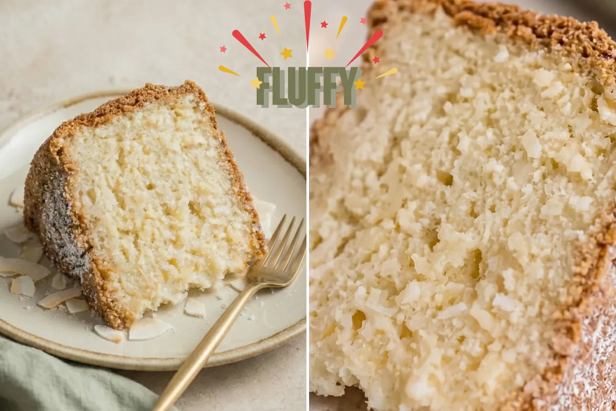 fluffy texture of coconut pound cake crumb showing moist soft interior