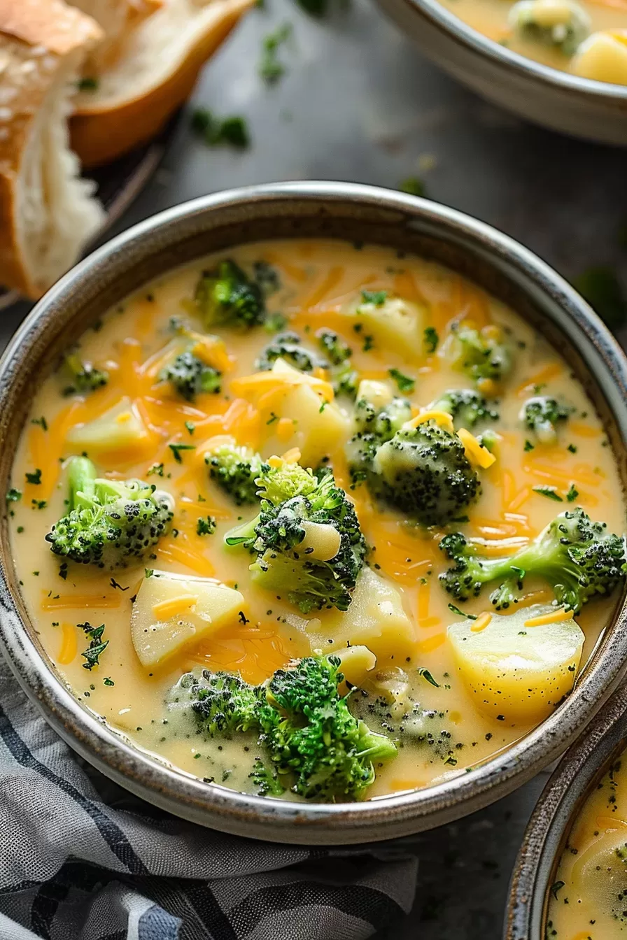 Creamy cheese being stirred into soup.