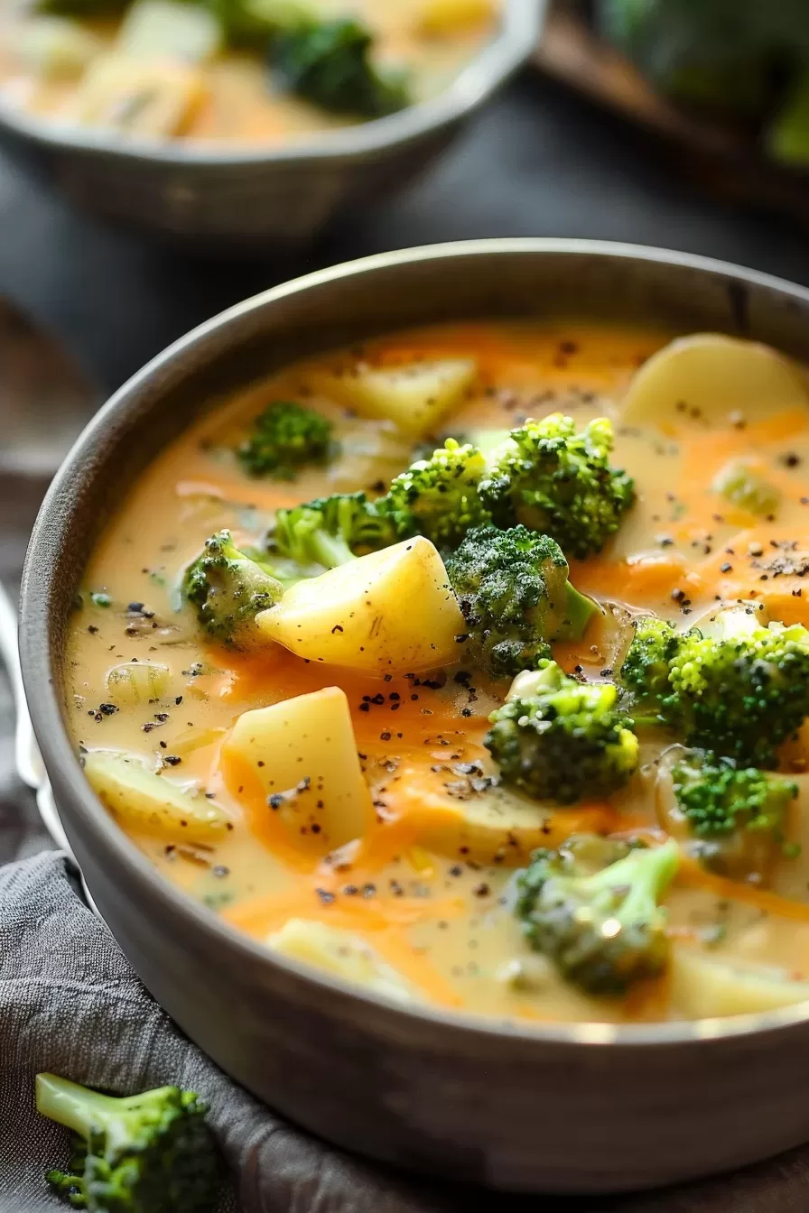 Broccoli and potatoes nestled in a creamy broth in a rustic brown bowl