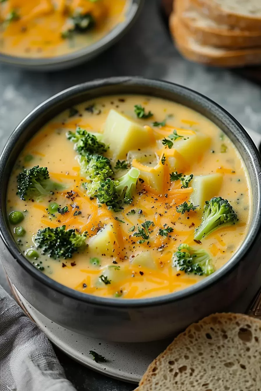 Close-up of rich, comforting soup with tender broccoli and melted cheese in a brown bowl