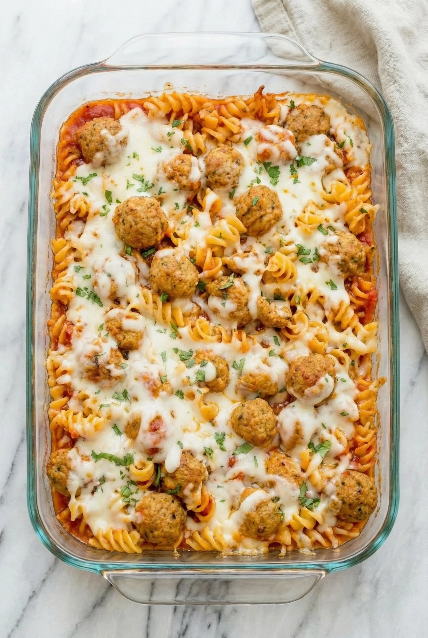 Baked meatball casserole with rotini pasta, melted mozzarella cheese, and marinara sauce