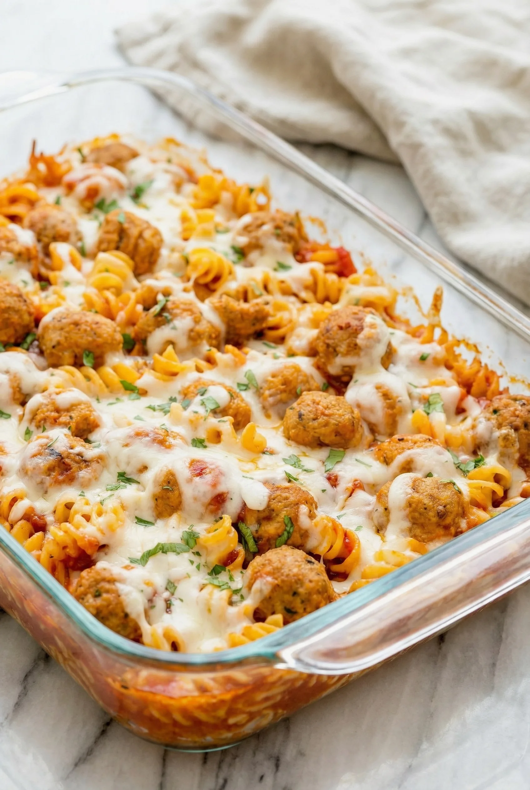 Dump and bake meatball casserole fresh from the oven with golden melted cheese and tender pasta