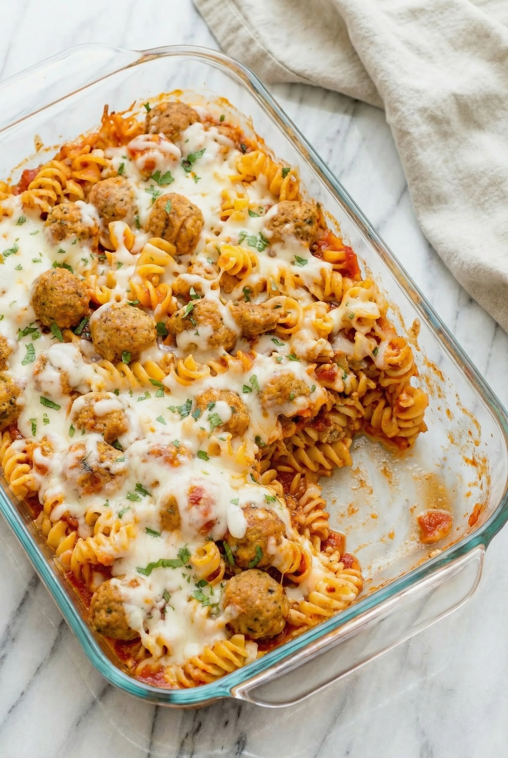 Cheesy pasta and meatball casserole showing soft rotini and rich tomato sauce