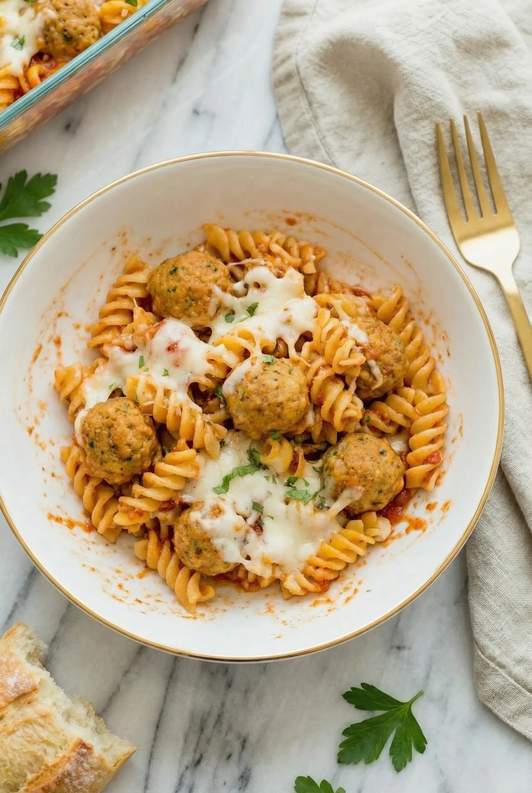 Bowl of dump and bake meatball casserole topped with melted mozzarella and fresh herbs